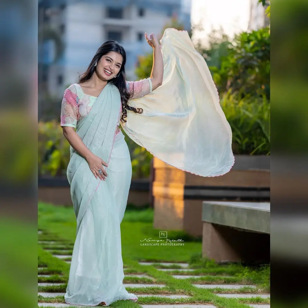 ETV Actress Priyanka Jain Wearing Light Green Saree Blouse